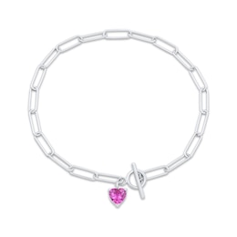 Heart-Shaped Pink Lab-Created Sapphire Paperclip Toggle Bracelet Sterling Silver 7.5&quot;
