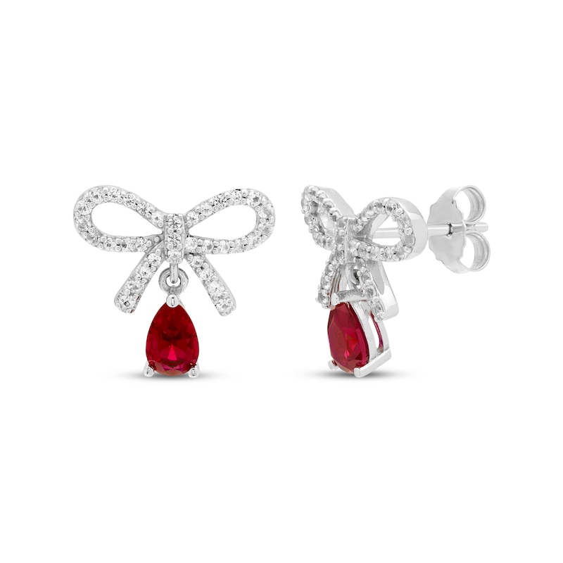 Main Image 1 of Pear-Shaped Lab-Created Ruby & White Lab-Created Sapphire Bow Dangle Earrings Sterling Silver