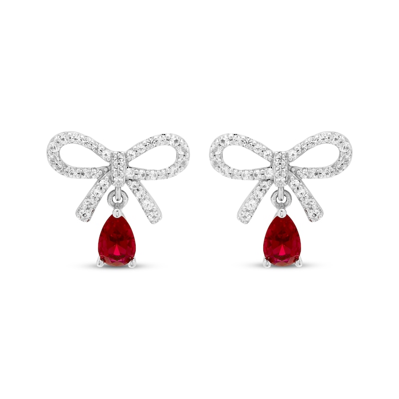 Main Image 2 of Pear-Shaped Lab-Created Ruby & White Lab-Created Sapphire Bow Dangle Earrings Sterling Silver