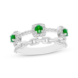 Lab-Created Emerald & White Lab-Created Sapphire Chain Link Ring Sterling Silver