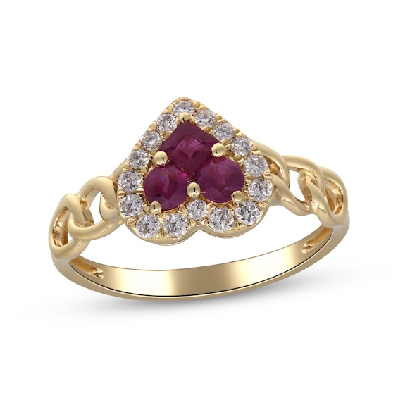 Square & Round-Cut Natural Ruby & Diamond Heart Chain Link Ring 1/5 ct tw 10K Yellow Gold