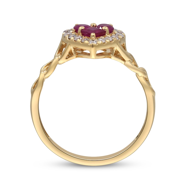 Square & Round-Cut Natural Ruby & Diamond Heart Chain Link Ring 1/5 ct tw 10K Yellow Gold