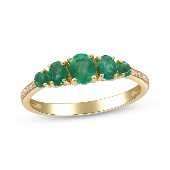 Oval and Round-Cut Natural Emerald & Diamond Graduated Five-Stone Ring 1/20 ct tw 10K Yellow Gold