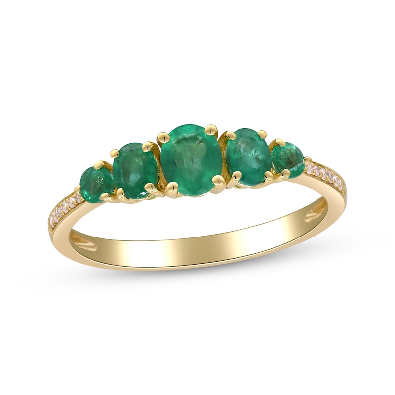 Main Image 1 of Oval and Round-Cut Natural Emerald & Diamond Graduated Five-Stone Ring 1/20 ct tw 10K Yellow Gold