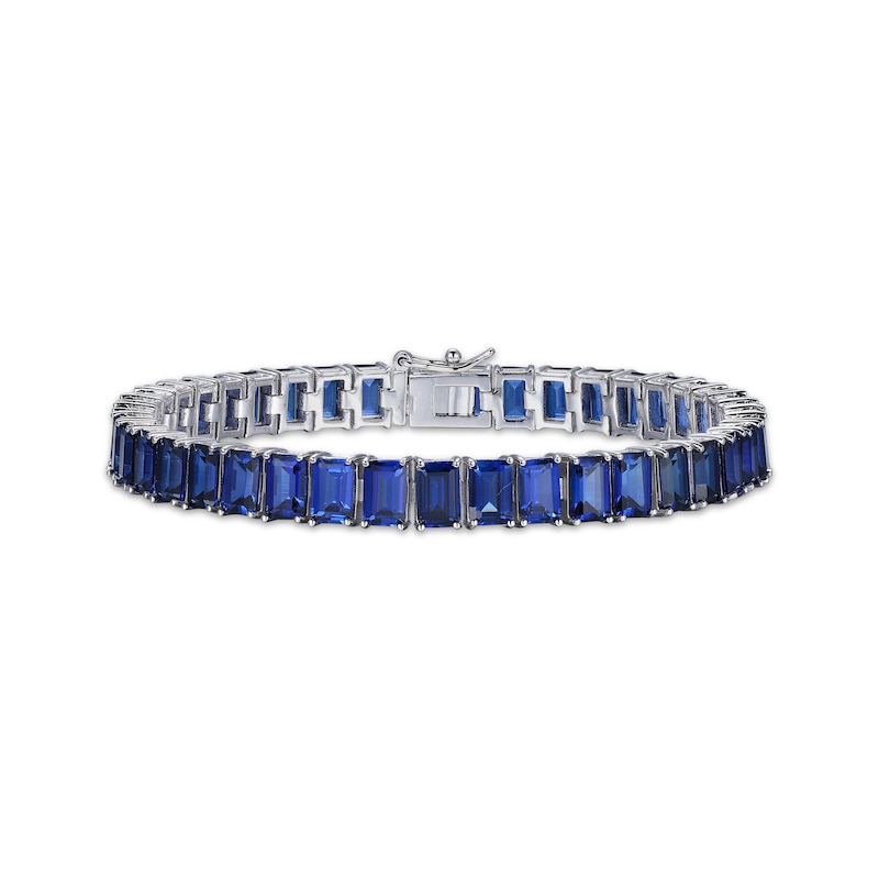 Main Image 1 of Emerald-Cut Blue Lab-Created Sapphire Line Bracelet Sterling Silver 7.25&quot;