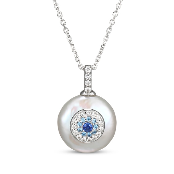 Cultured Pearl, Swiss Blue Topaz, Blue & White Lab-Created Sapphire Evil Eye Necklace Sterling Silver 18"
