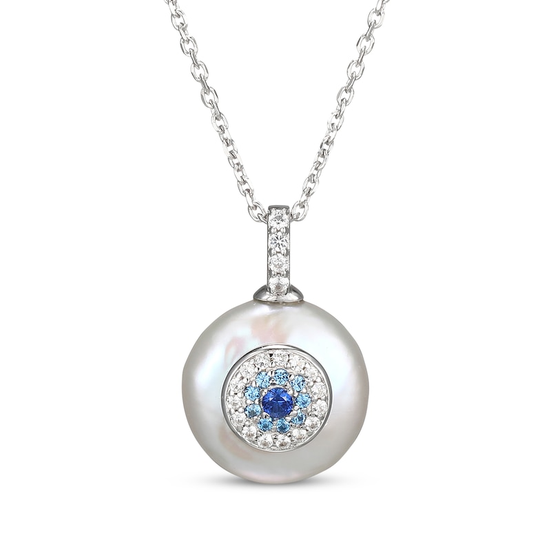 Main Image 1 of Cultured Pearl, Swiss Blue Topaz, Blue & White Lab-Created Sapphire Evil Eye Necklace Sterling Silver 18&quot;