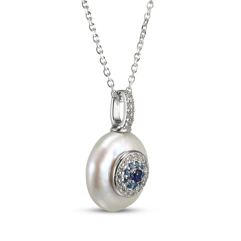 Main Image 2 of Cultured Pearl, Swiss Blue Topaz, Blue & White Lab-Created Sapphire Evil Eye Necklace Sterling Silver 18&quot;