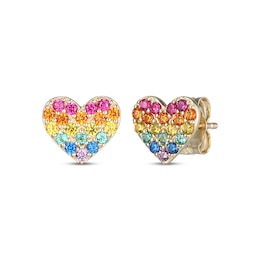 Multicolor Lab-Created Gemstone Rainbow Heart Earrings 10K Yellow Gold