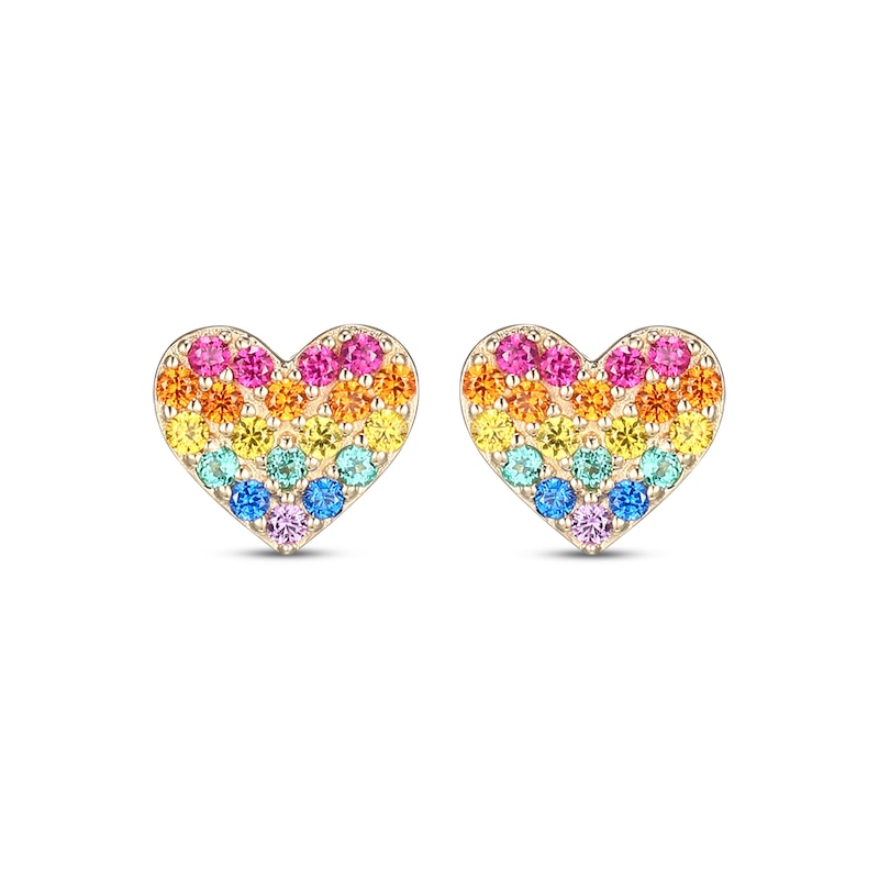 Main Image 2 of Multicolor Lab-Created Gemstone Rainbow Heart Earrings 10K Yellow Gold