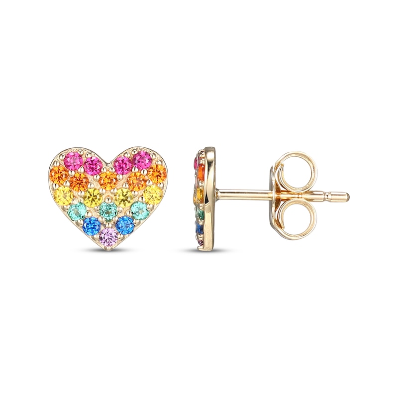 Main Image 3 of Multicolor Lab-Created Gemstone Rainbow Heart Earrings 10K Yellow Gold