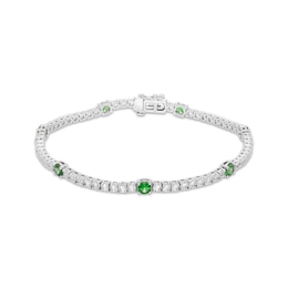 Lab-Created Emerald & White Lab-Created Sapphire Line Bracelet Sterling Silver 7.25&quot;