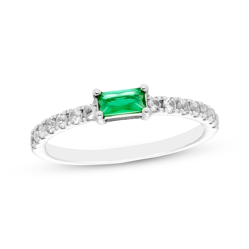 Main Image 1 of Baguette-Cut Lab-Created Emerald & White Lab-Created Sapphire Ring Sterling Silver