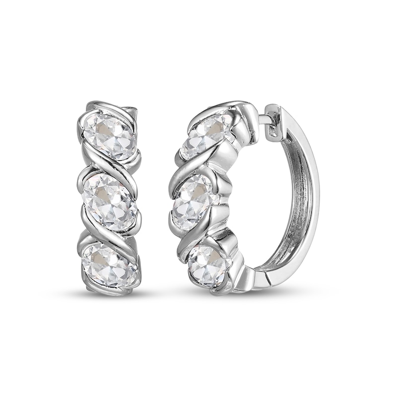 Main Image 1 of Oval-Cut White Lab-Created Sapphire Three-Stone Hoop Earrings Sterling Silver