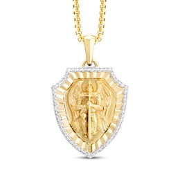 Men's White & Black Diamond Saint Michael Diamond-Cut Shield Necklace 1/3 ct tw 10K Yellow Gold 22&quot;