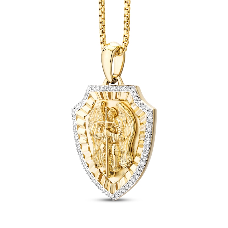 Main Image 2 of Men's White & Black Diamond Saint Michael Diamond-Cut Shield Necklace 1/3 ct tw 10K Yellow Gold 22&quot;