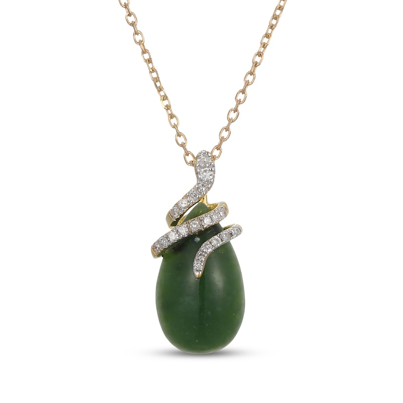 Main Image 1 of Pear-Shaped Nephrite Jade & Diamond Snake Necklace 1/10 ct tw 14K Yellow Gold 18&quot;