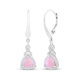 Trillion-Cut Pink Lab-Created Opal & White Lab-Created Sapphire Drop Earrings Sterling Silver