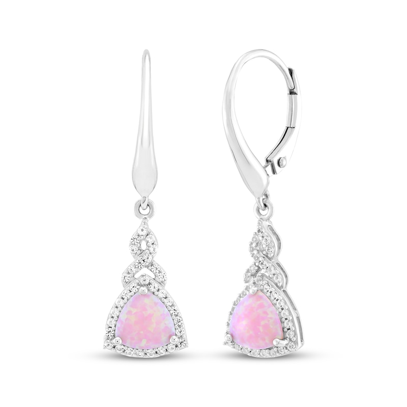 Main Image 1 of Trillion-Cut Pink Lab-Created Opal & White Lab-Created Sapphire Drop Earrings Sterling Silver