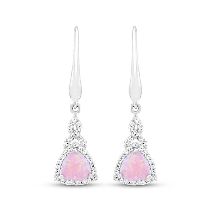 Main Image 2 of Trillion-Cut Pink Lab-Created Opal & White Lab-Created Sapphire Drop Earrings Sterling Silver