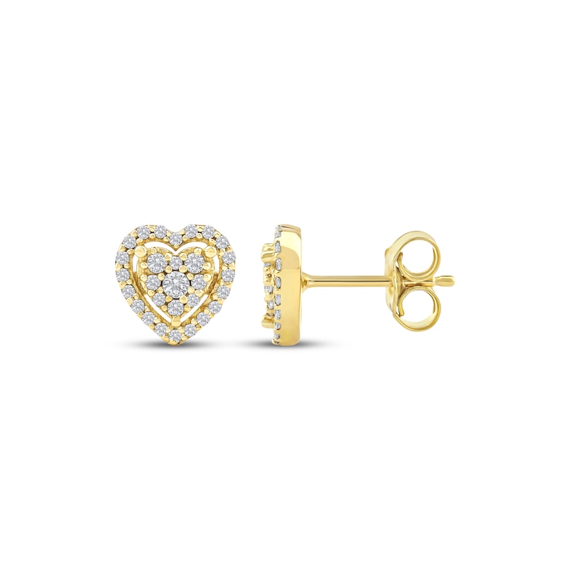 Main Image 3 of Multi-Diamond Heart Halo Stud Earrings 1/5 ct tw 10K Yellow Gold