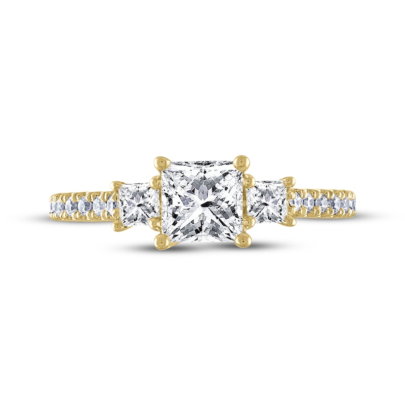 Main Image 3 of THE LEO Legacy Lab-Grown Diamond Princess-Cut Three-Stone Engagement Ring 1-1/2 ct tw 14K Yellow Gold