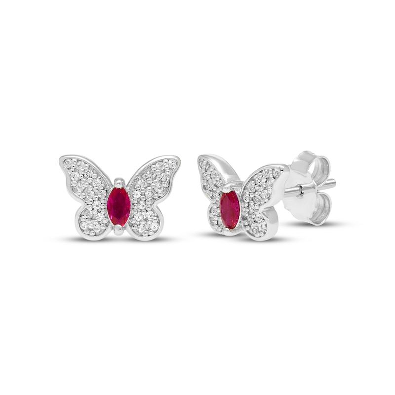 Main Image 1 of Marquise-Cut Lab-Created Ruby & White Lab-Created Sapphire Butterfly Stud Earrings Sterling Silver