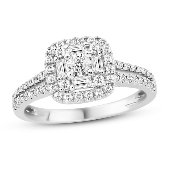 Diamond Engagement Ring 5/8 ct tw Round & Baguette-cut 14K White Gold
