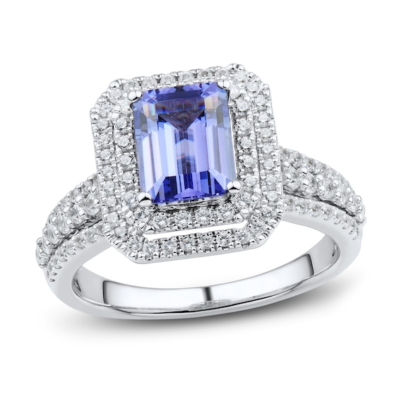 Tanzanite & Diamond Engagement Ring 5/8 ct tw Emerald & Round-Cut 14K White Gold