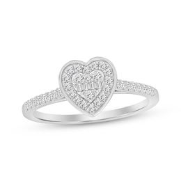 Now + Forever Baguette and Round-Cut Multi-Diamond Center Heart Engagement Ring 1/4 ct tw 10K White Gold