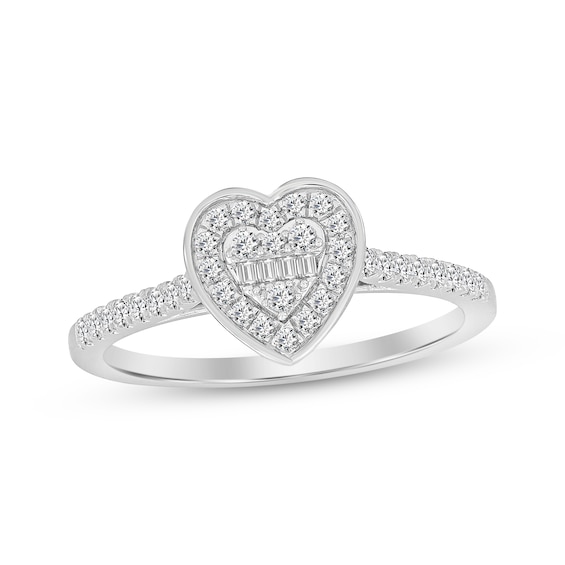 Baguette and Round-Cut Multi-Diamond Center Heart Engagement Ring 1/4 ct tw 10K White Gold