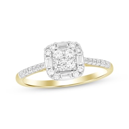 Now + Forever Baguette & Round-Cut Multi-Diamond Center Cushion Frame Engagement Ring 1/3 ct tw 10K Yellow Gold