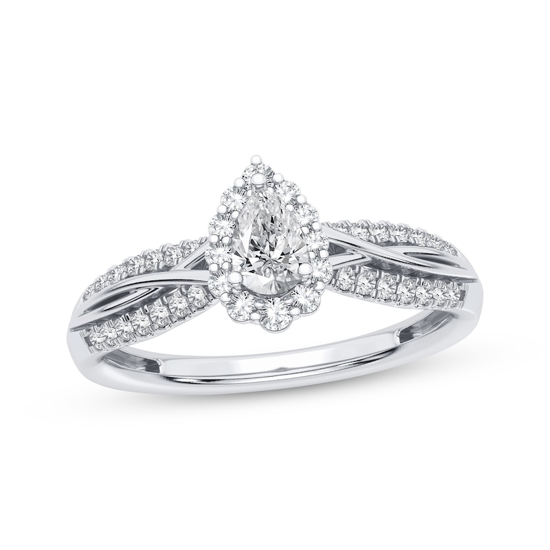 Main Image 1 of Pear-Shaped & Round-Cut Diamond Engagement Ring 3/8 ct tw 14K White Gold