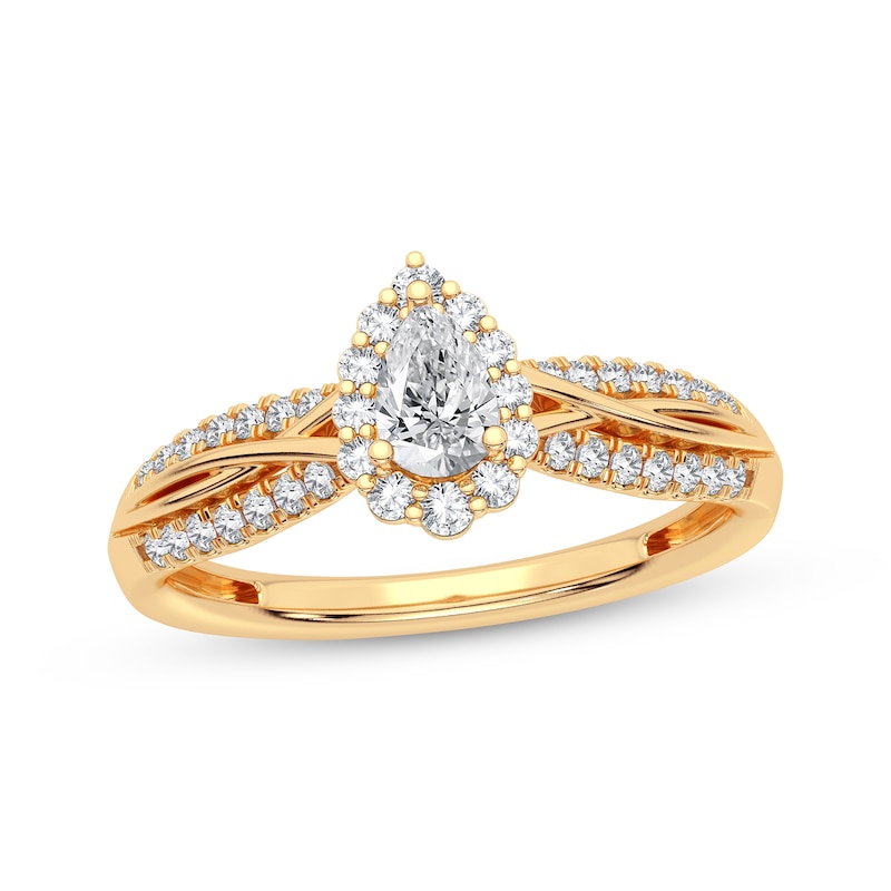 Pear-Shaped & Round-Cut Diamond Engagement Ring 3/8 ct tw 14K Yellow ...