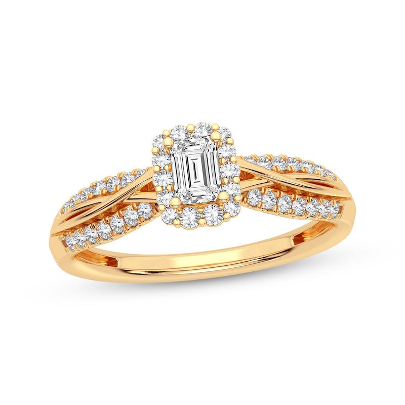 Main Image 1 of Emerald-Cut & Round-Cut Diamond Engagement Ring 3/8 ct tw 14K Yellow Gold