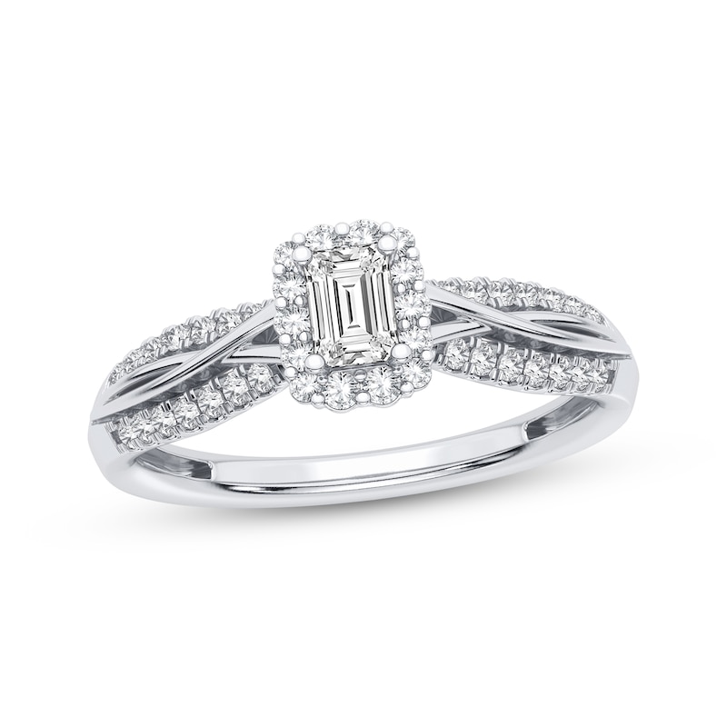 Main Image 1 of Emerald-Cut & Round-Cut Diamond Engagement Ring 3/8 ct tw 14K White Gold