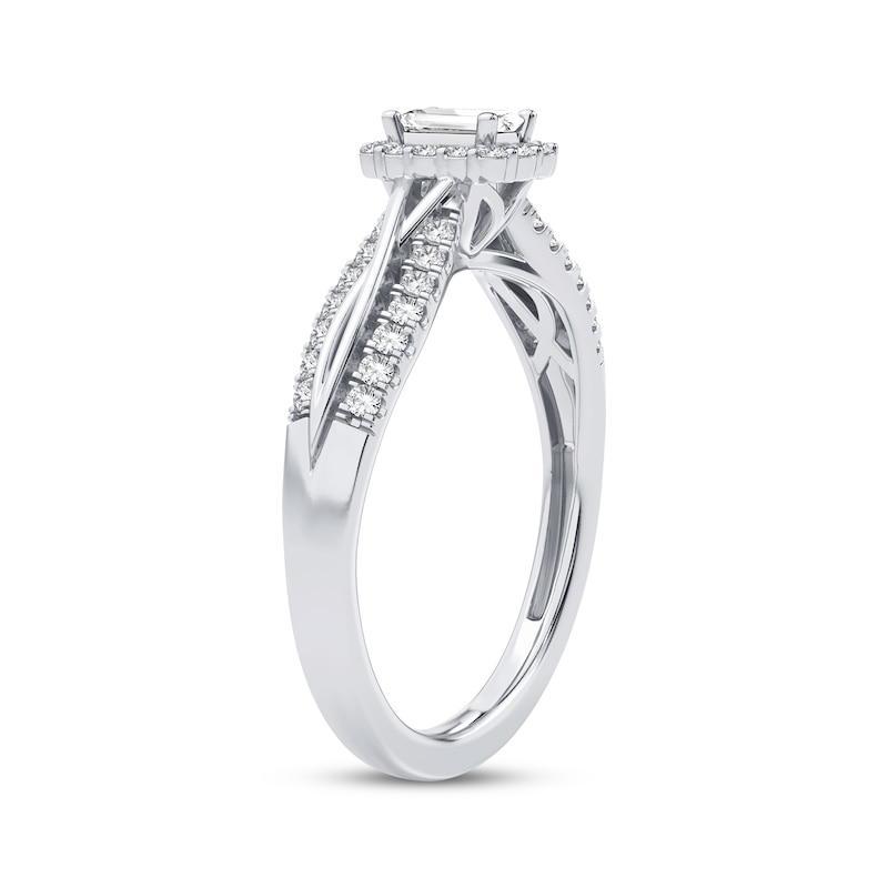 Main Image 2 of Emerald-Cut & Round-Cut Diamond Engagement Ring 3/8 ct tw 14K White Gold