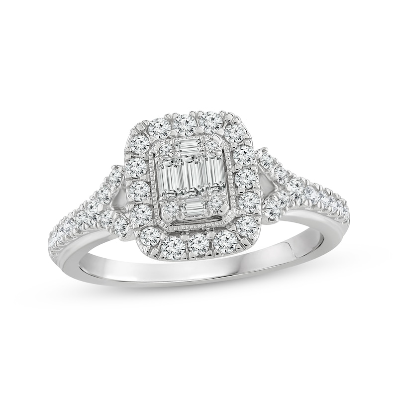 Main Image 1 of Multi-Diamond Center Elongated Cushion Frame Engagement Ring 5/8 ct tw 14K White Gold