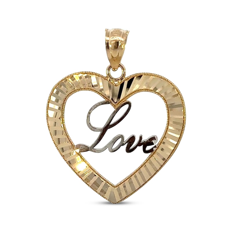 Diamond-Cut "Love" Heart Charm 14K Yellow Gold