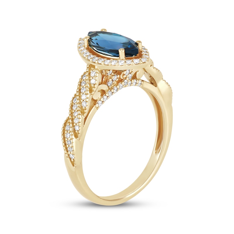 Main Image 2 of Marquise-Cut London Blue Topaz & Diamond Halo Engagement Ring 1/3 ct tw 10K Yellow Gold