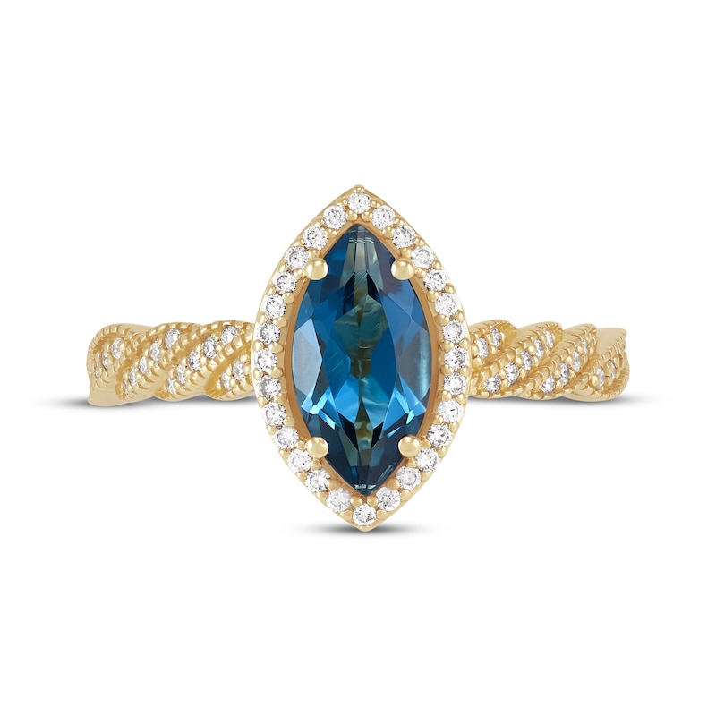 Main Image 3 of Marquise-Cut London Blue Topaz & Diamond Halo Engagement Ring 1/3 ct tw 10K Yellow Gold