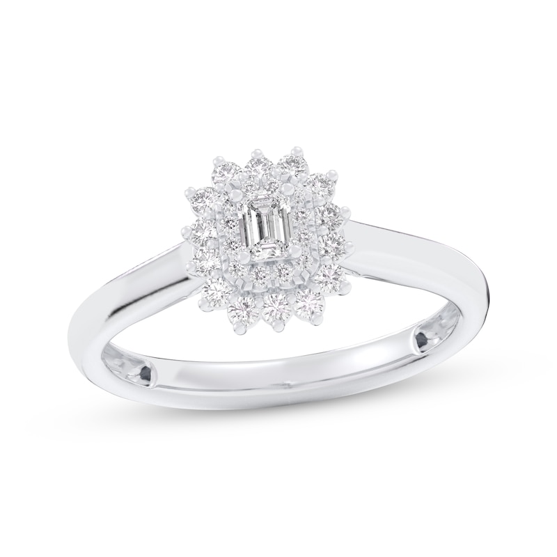 Main Image 1 of Emerald-Cut Diamond Starburst Halo Engagement Ring 3/8 ct tw 10K White Gold