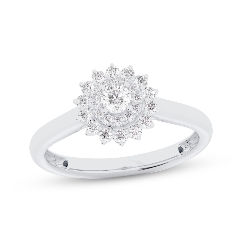 Main Image 1 of Round-Cut Diamond Starburst Halo Engagement Ring 3/8 ct tw 10K White Gold