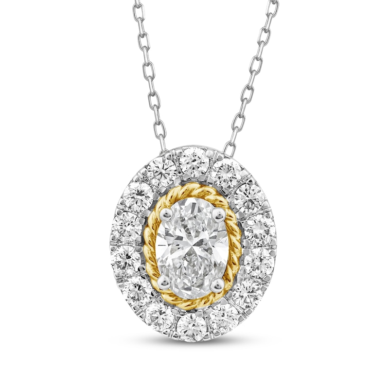 Main Image 1 of Threads of Love Oval-Cut Lab-Grown Diamond Halo Necklace 1-1/2 ct tw 14K Two-Tone Gold 18&quot;