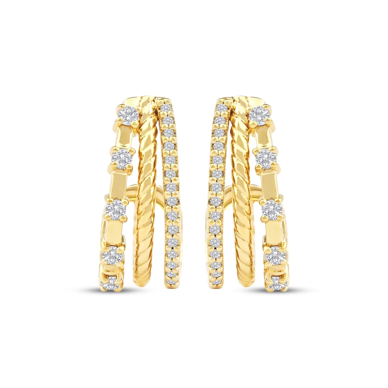 Main Image 2 of Diamond Three-Row Split J-Hoop Huggie Earrings 1/4 ct tw 10K Yellow Gold