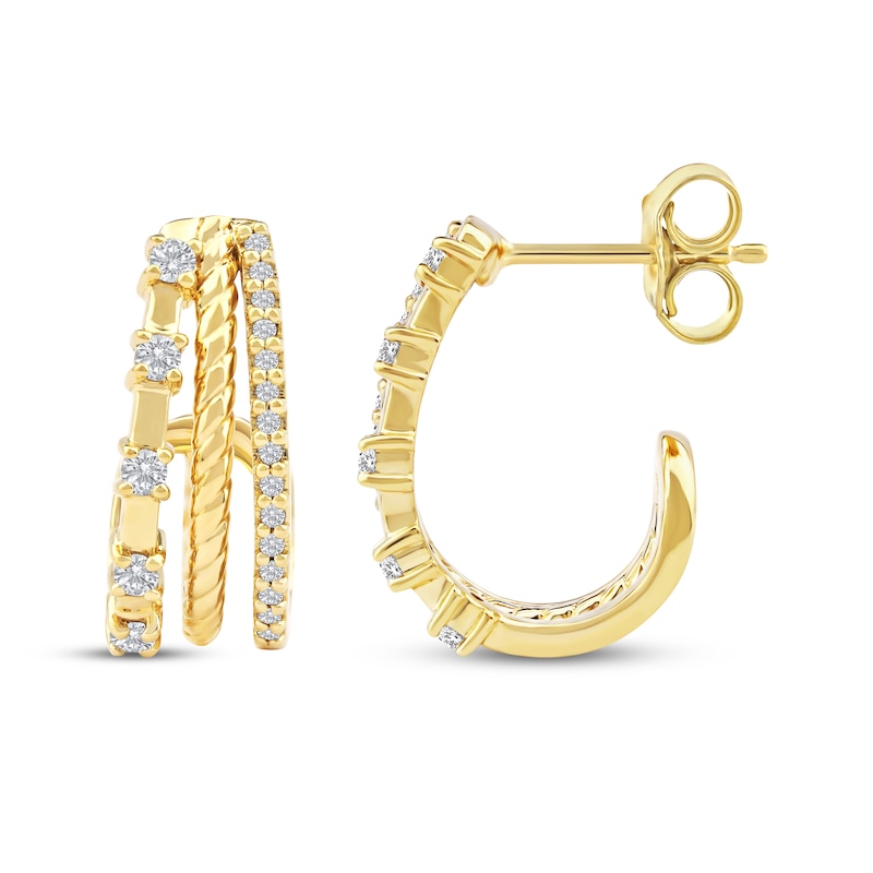 Main Image 3 of Diamond Three-Row Split J-Hoop Huggie Earrings 1/4 ct tw 10K Yellow Gold