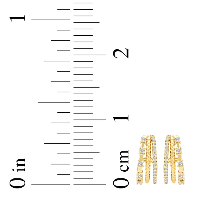 Main Image 5 of Diamond Three-Row Split J-Hoop Huggie Earrings 1/4 ct tw 10K Yellow Gold