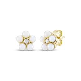 Cultured Pearl & Diamond Flower Stud Earrings 1/20 ct tw 10K Yellow Gold