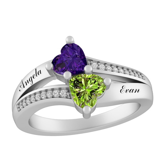 Birthstone Couple's Heart Ring (2 Stones and Lines)