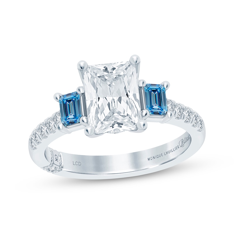 Main Image 1 of Monique Lhuillier Bliss Radiant-Cut White & Blue Lab-Grown Diamond Engagement Ring 2-5/8 ct tw 18K White Gold